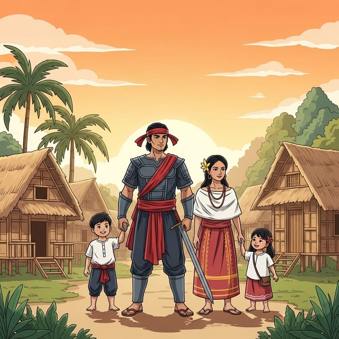 Filipino Warrior and Family in Serene Village Setting Filipino Warrior and Family in Serene Village Setting