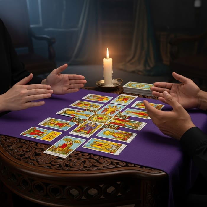 Mystical Tarot Card Reading Scene | Intriguing Table Spread Mystical Tarot Card Reading Scene | Intriguing Table Spread