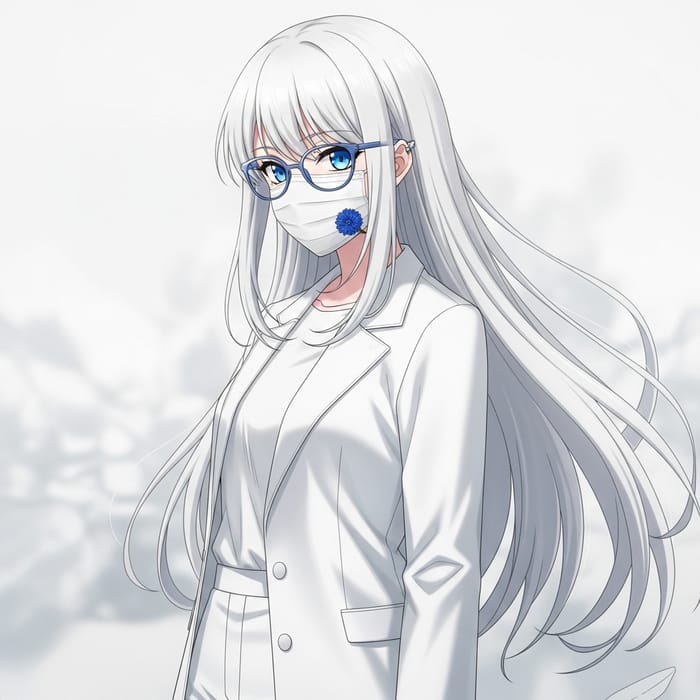 Anime Girl with White Hair & Golobumi Glasses | Pure White Attire & Mask Anime Girl with White Hair & Golobumi Glasses | Pure White Attire & Mask