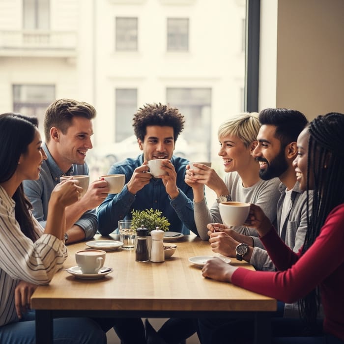 Diverse Friends Gathering at Cozy Coffee Shop