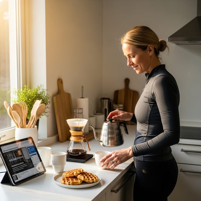 Scandinavian Woman Brewing Coffee in Minimalist Kitchen | Tranquil Morning Scene Scandinavian Woman Brewing Coffee in Minimalist Kitchen | Tranquil Morning Scene