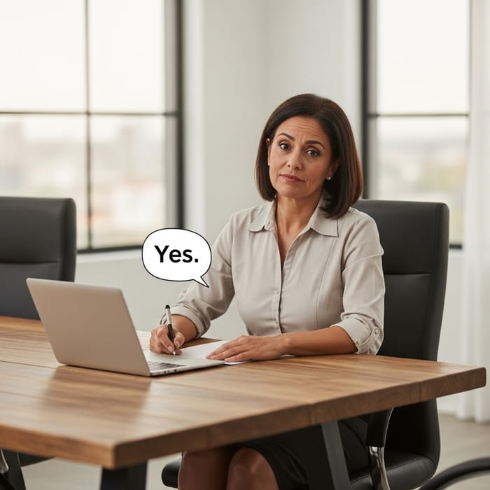 Reluctant 'Yes' Illustration | Hispanic Woman in Corporate Setting
