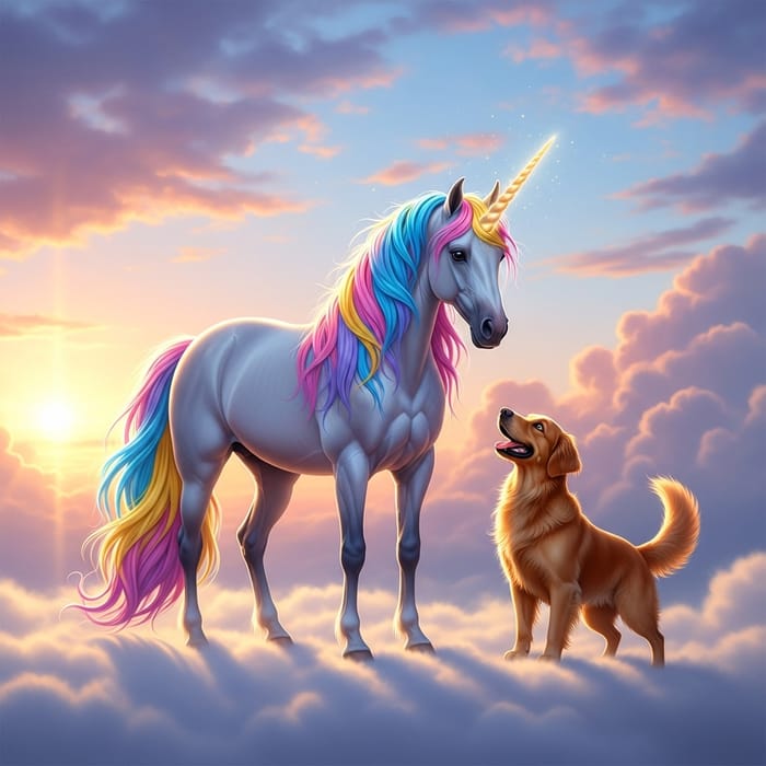 Magical Unicorn and Happy Dog on a Cloud