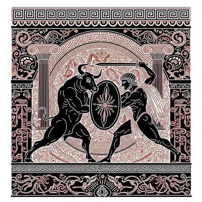 Theseus vs Minotaur: Greek Mythology Lineart Silhouettes