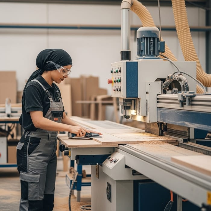 Realistic Woodworker in Modern Joinery Factory | Woodworking Details