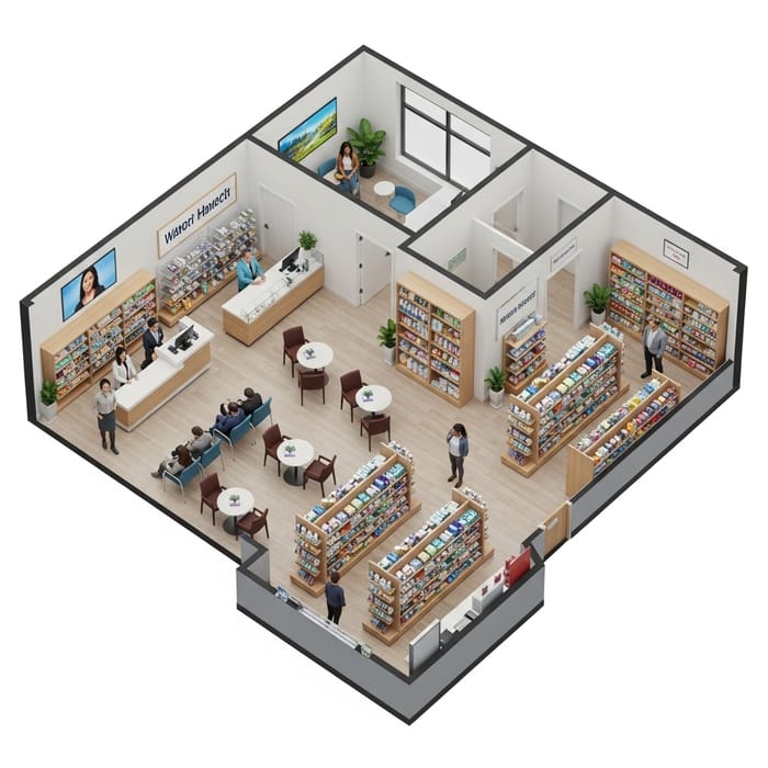 3D Pharmacy Floor Plan with Spacious Waiting Area & Consultation Room