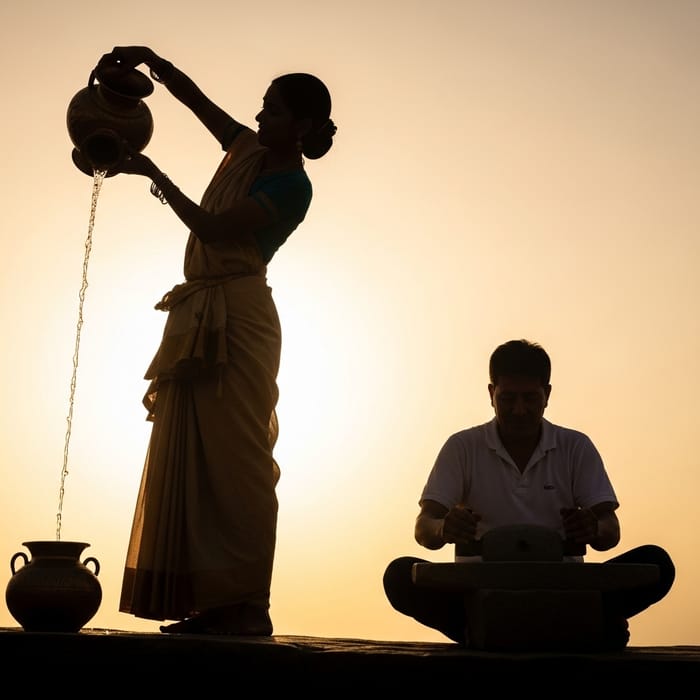 Silhouette Art: Woman with Urn & Man with Grindstone Silhouette Art: Woman with Urn & Man with Grindstone