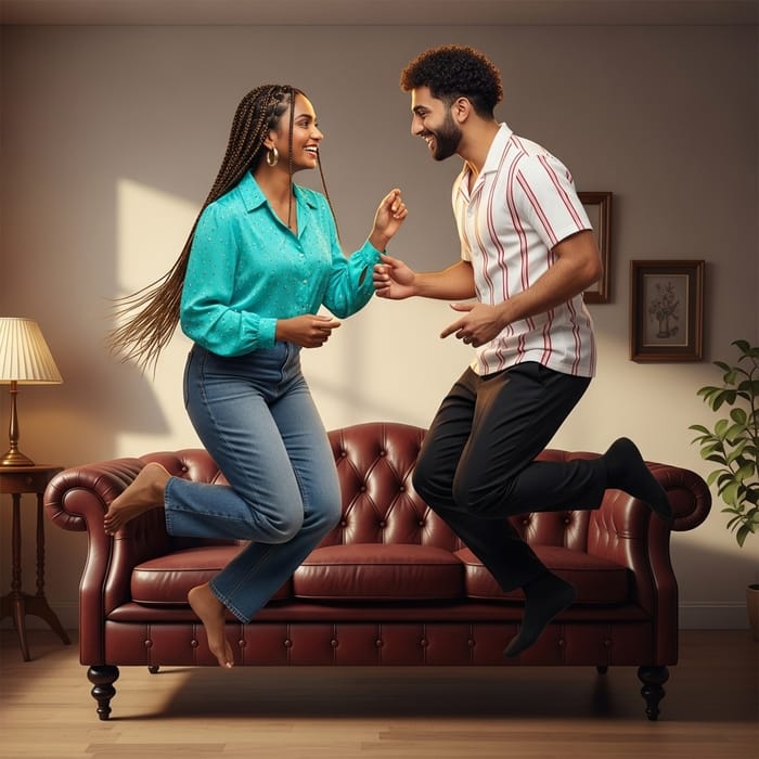 Elegant Couple Levitating Over Stylish Sofa Elegant Couple Levitating Over Stylish Sofa