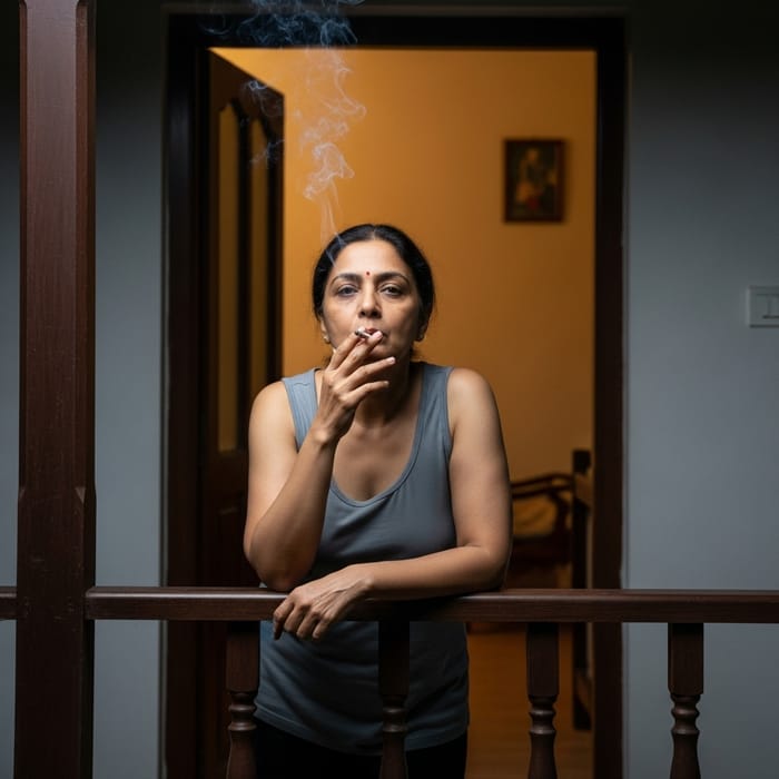 Nighttime Reflection: Woman's Final Cigarette on Porch Nighttime Reflection: Woman's Final Cigarette on Porch