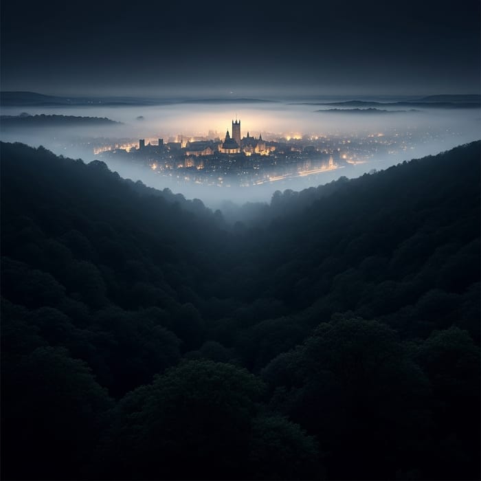 Magical Foggy Night in an Old English Cityscape