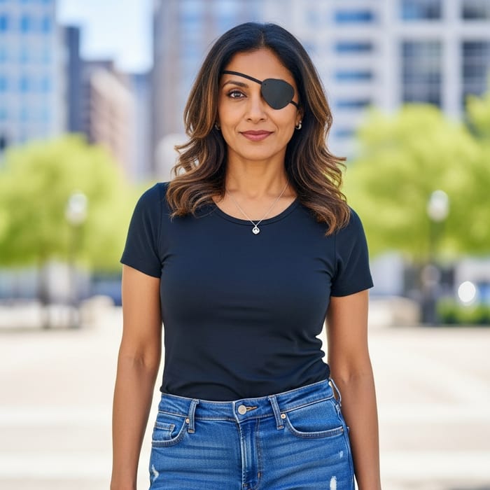 Stylish Woman in 40s with Black Eyepatch - Chic and Modern Look Stylish Woman in 40s with Black Eyepatch - Chic and Modern Look