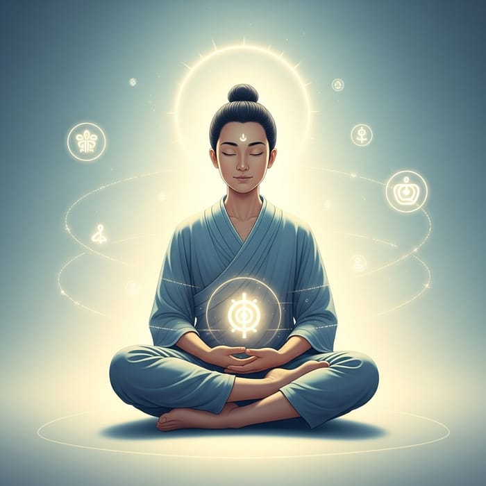 Spiritual Self Drawing with Serene Asian Meditation Illustration