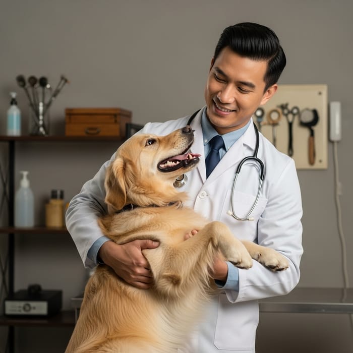 Happy Retro Style Veterinarian with Dog Care Happy Retro Style Veterinarian with Dog Care