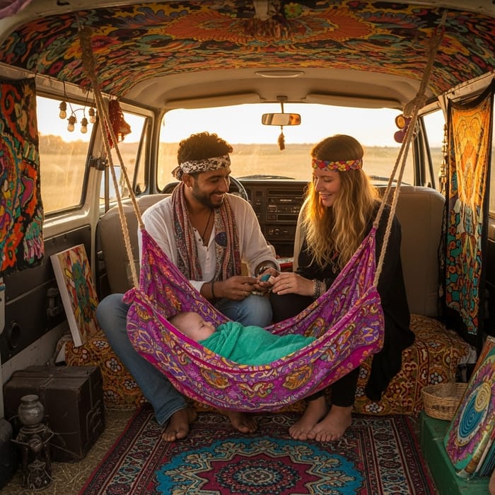 Bohemian Hippie Family with Baby in Colorful Van