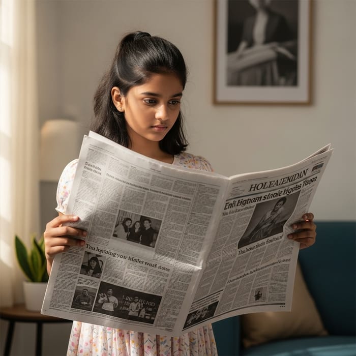 South Asian Girl Reading Newspaper South Asian Girl Reading Newspaper