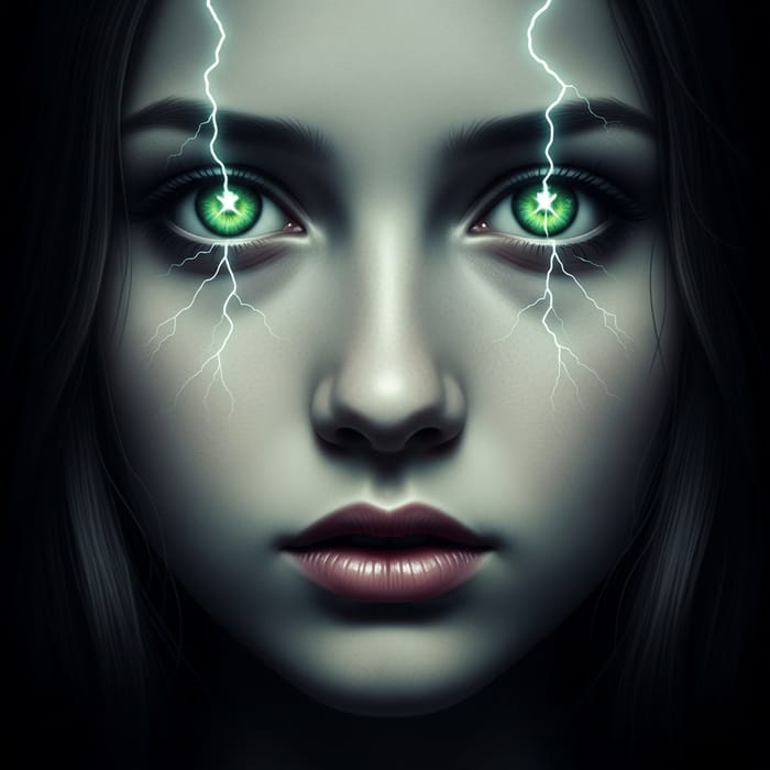 Eerie Ghost Girl with Green Eyes and Lightning-filled Gaze