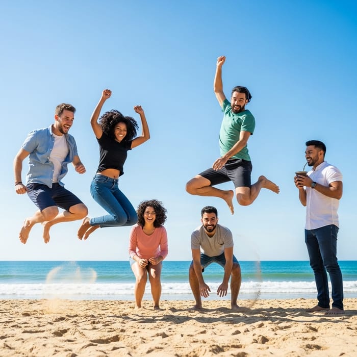 Friends Enjoying Beach Fun with Yerba Mate Refreshment
