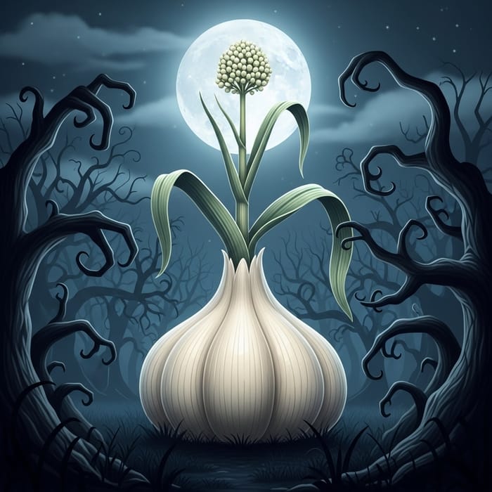 Gigantic Garlic in Horror Forest Scene | Moonlit Mystery Gigantic Garlic in Horror Forest Scene | Moonlit Mystery