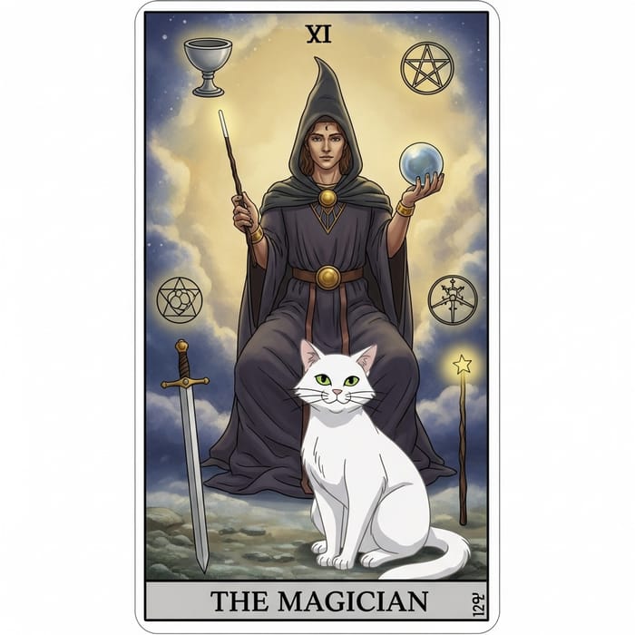 The Magician Tarot Card with Mystical White Cat The Magician Tarot Card with Mystical White Cat