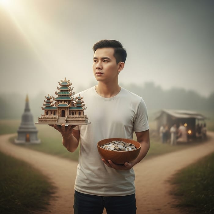 Vietnamese Man Deciding: Temple Construction or Aid for Impoverished