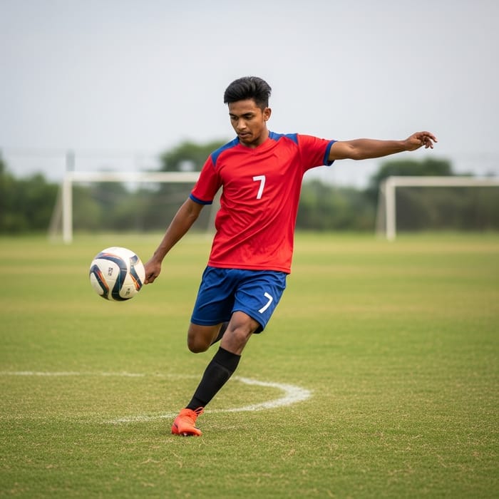 Exciting Football Moment: Young South Asian Man in Action