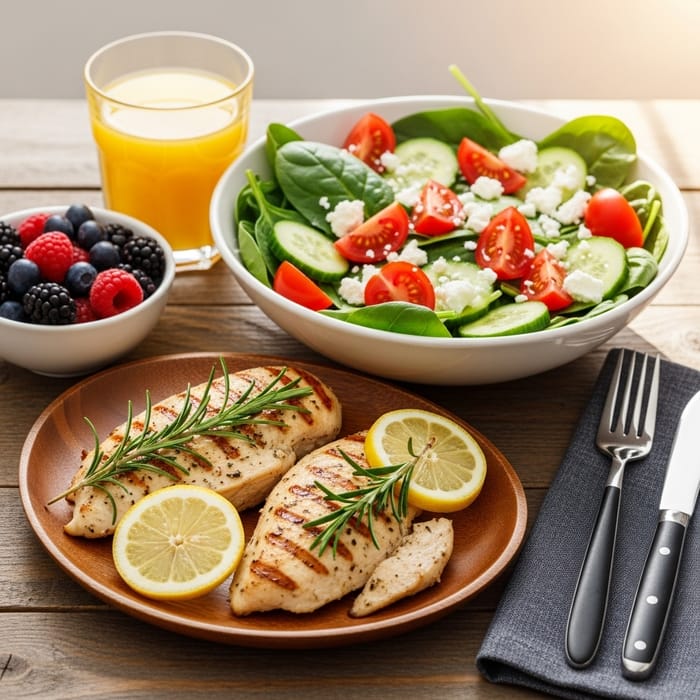 Delicious & Nutritious Meal: Grilled Chicken, Fresh Salad & Berries Delicious & Nutritious Meal: Grilled Chicken, Fresh Salad & Berries