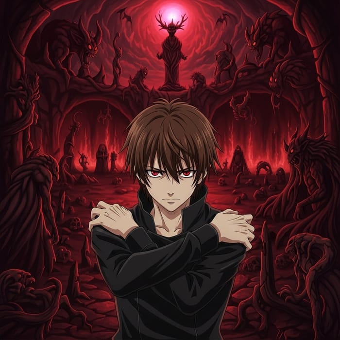 Dark Attire Man With Haunting Red Eyes in Anime-Styled Scene