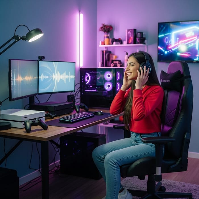 Enthusiastic Music Lover in Organized Gaming Room Enthusiastic Music Lover in Organized Gaming Room