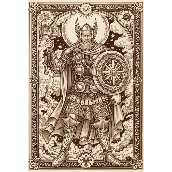 Thor Resplendent in Medieval-Inspired Armor, Wielding Iconic Hammer amidst Tumultuous Storms and Celestial Motifs