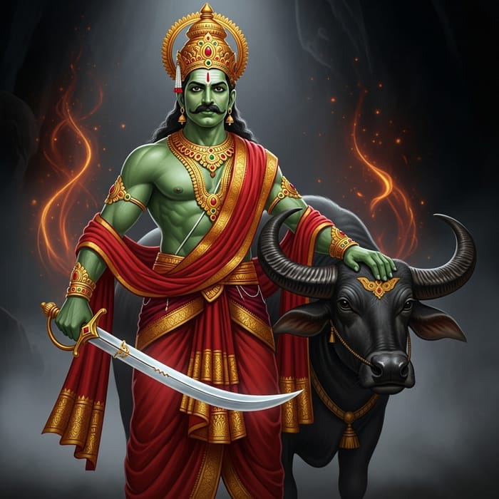 Yamraj: Green-Skinned Figure in Red with a Sword - Mythology Yamraj: Green-Skinned Figure in Red with a Sword - Mythology