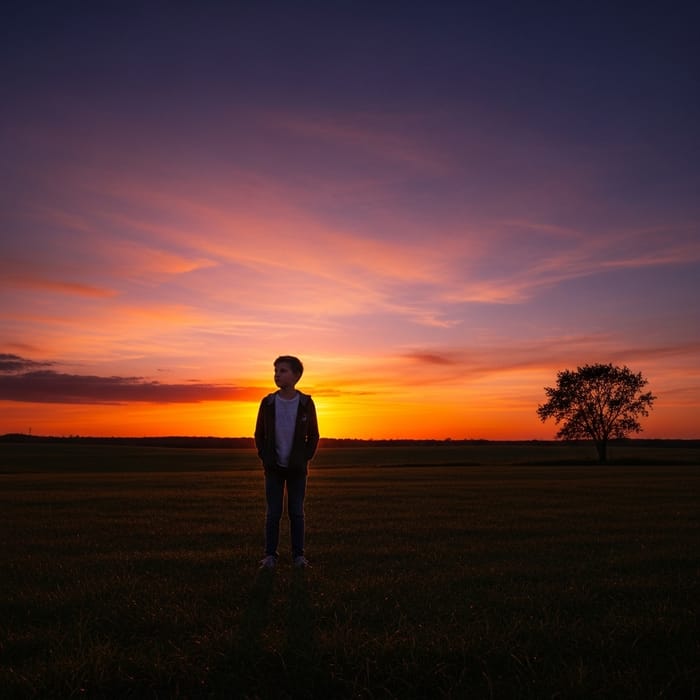 Young Boy Silhouetted Against Tranquil Sunset in Spacious Field