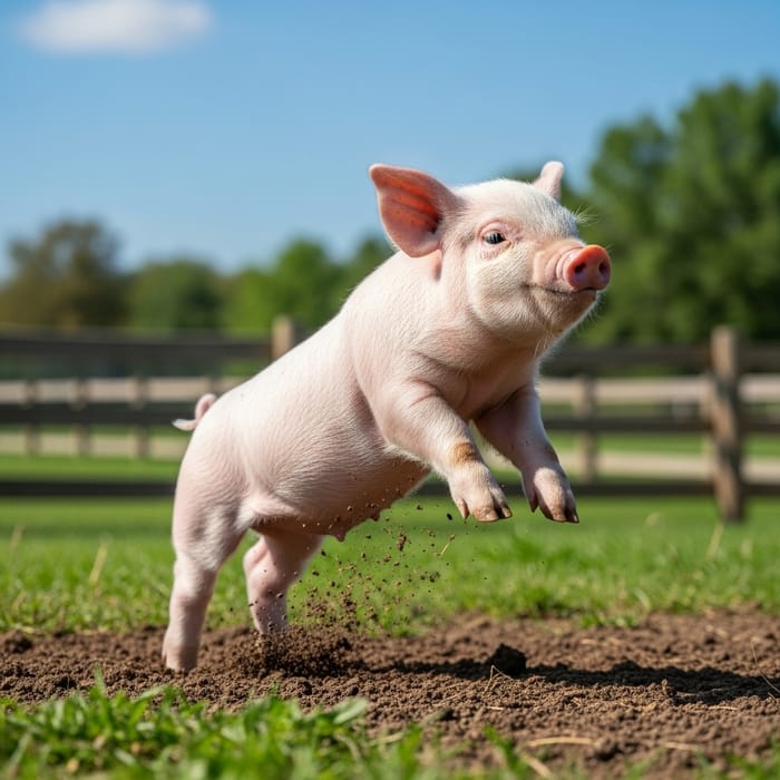 Joyful Jumping Piglet Surrounded by Lush Farm Beauty Joyful Jumping Piglet Surrounded by Lush Farm Beauty