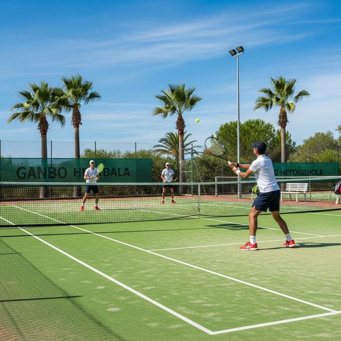 Vibrant Clay Tennis Court in Mallorca | Players in Action Vibrant Clay Tennis Court in Mallorca | Players in Action