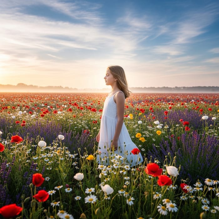 Girl in Flower Field - Beautiful Nature Scene