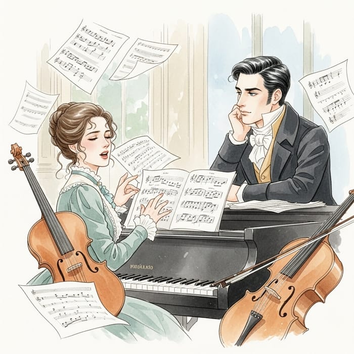 Romantic Watercolor of Musicians in 19th Century Setting Romantic Watercolor of Musicians in 19th Century Setting