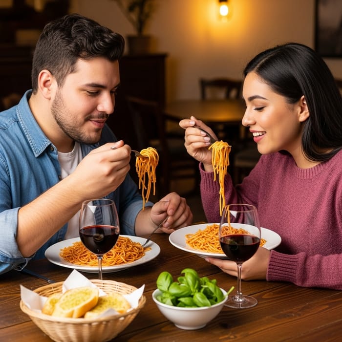 Happy Young Couple Enjoying Spaghetti Meal Together Happy Young Couple Enjoying Spaghetti Meal Together