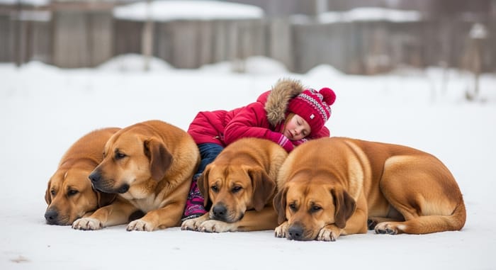 Heartwarming Scene: Large Ginger Dogs Protecting Red-Haired Girl Heartwarming Scene: Large Ginger Dogs Protecting Red-Haired Girl