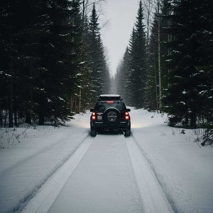 Car Driving in Dark Forest on Snowy Trail