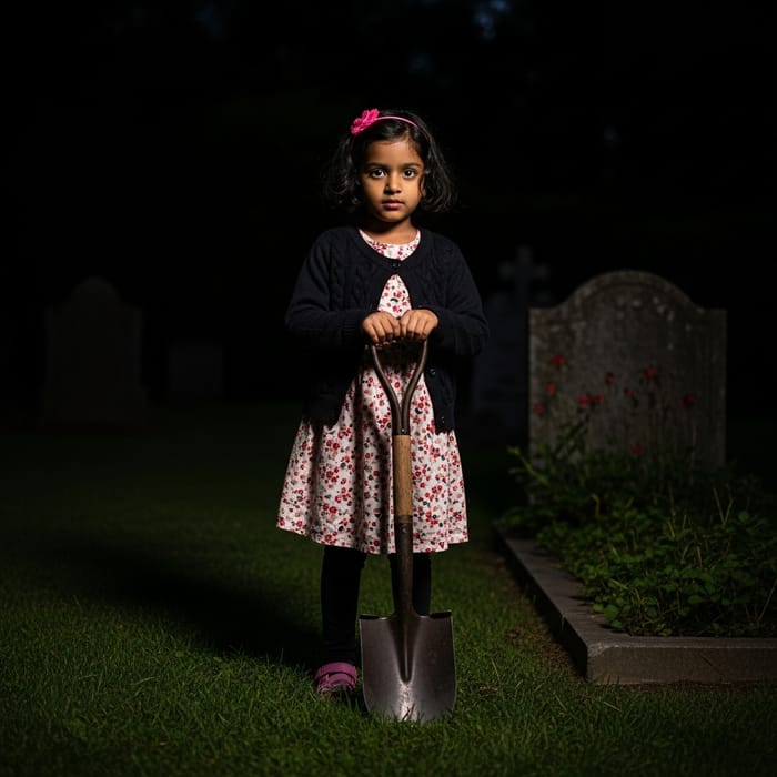 Enchanting Garden Scene: Young Girl with Spade in Eerie Night