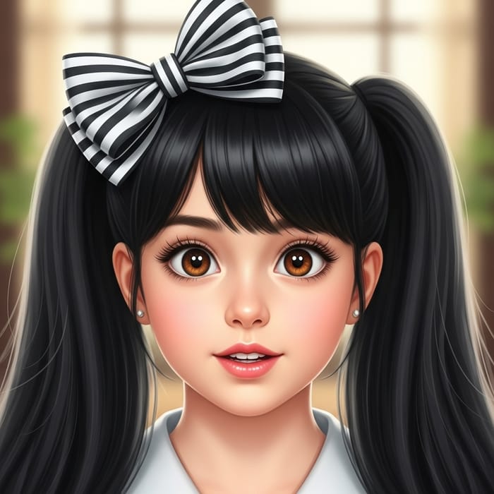 Adorable Girl with Long Black Hair in Dual Ponytails and Striking Brown Eyes