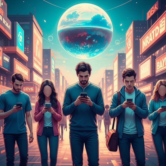 Faceless Individuals in Dreamy Futuristic Scene Faceless Individuals in Dreamy Futuristic Scene