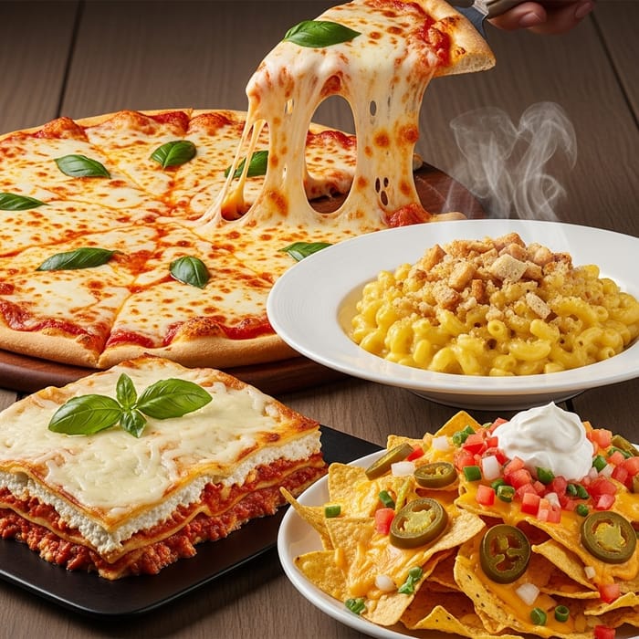 Delicious Cheesy Dishes: Margherita Pizza, Mac and Cheese, Lasagna, Nachos Delicious Cheesy Dishes: Margherita Pizza, Mac and Cheese, Lasagna, Nachos