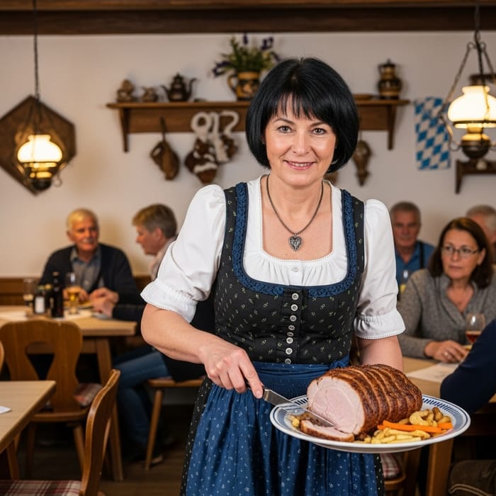 German Woman in Dirndl Serving Pork Roast in Bavarian Inn