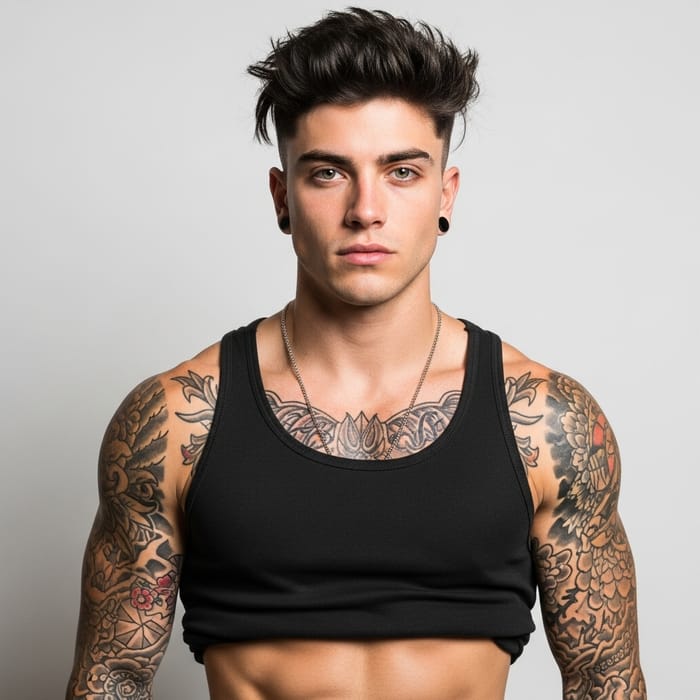 19-Year-Old Muscular Caucasian Male with Tousled Black Hair and Emerald Green Eyes