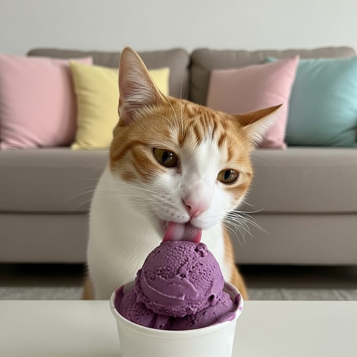 Cat Licking Ube Ice Cream - Sweet Treat for a Feline Cat Licking Ube Ice Cream - Sweet Treat for a Feline