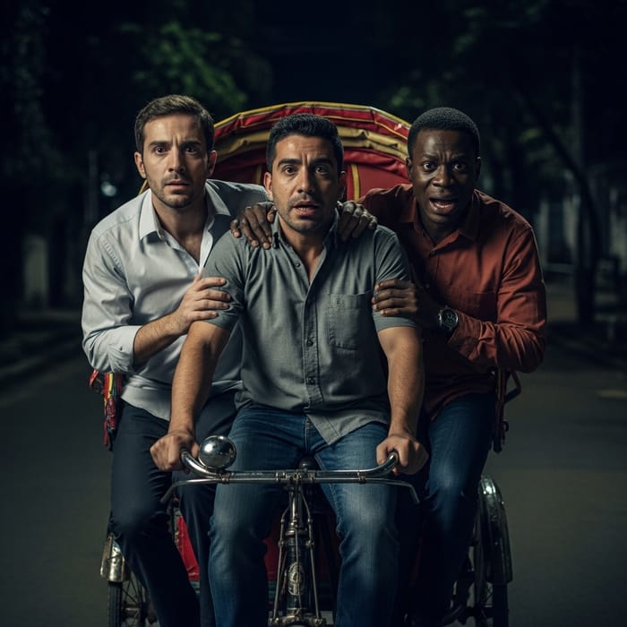 Eerie Night Ride: Fearful Men on Vintage Cycle Rickshaw Eerie Night Ride: Fearful Men on Vintage Cycle Rickshaw