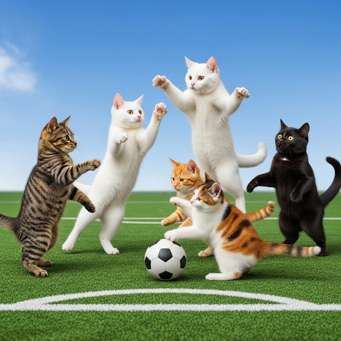 Cats Playing Soccer - Fun Feline Game On Field Cats Playing Soccer - Fun Feline Game On Field