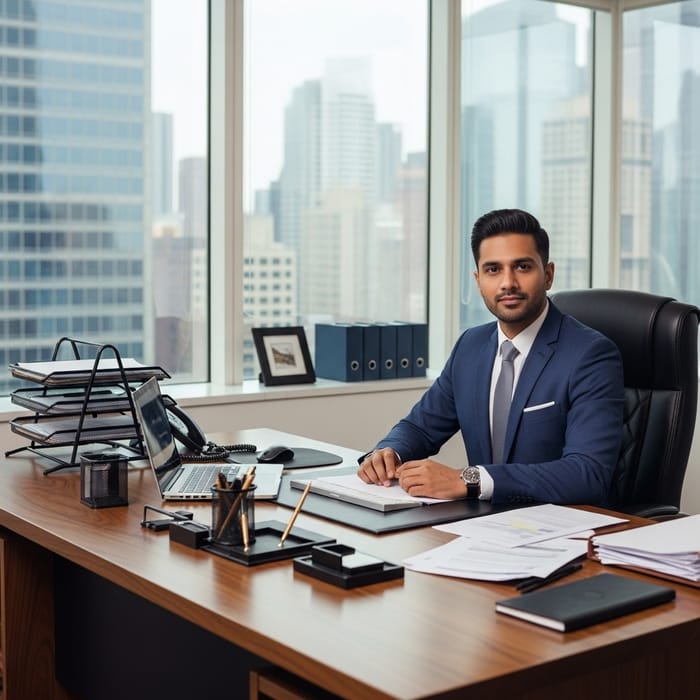 Elegant Businessman in Office Overlooking City View Elegant Businessman in Office Overlooking City View