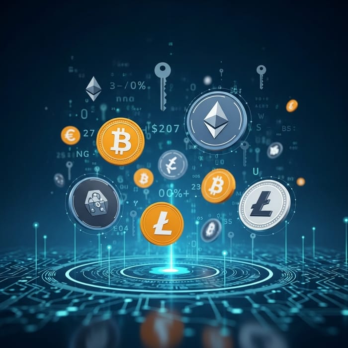 Futuristic Crypto Symbols in Digital Landscape