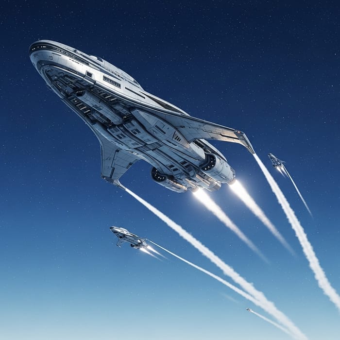 Starship Launching into Twilight Sky - A Vision of Human Technological Achievement